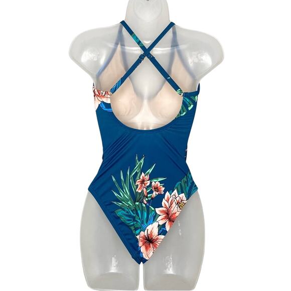 NWOT Kona Sol teal tropical floral cross back one piece swimsuit size small - Picture 4 of 6
